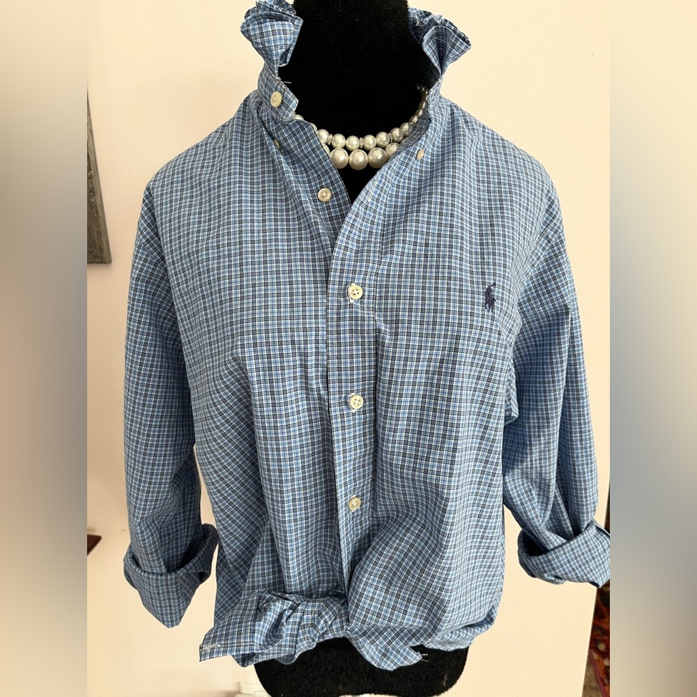 Upcycled Ralph Lauren Blue and White Plaid Button-Up Shirt